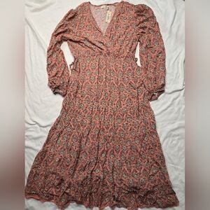 Max Studio Dusty Pink Floral Midi Dress  With Faux Wrap Bodice NWT Size Medium